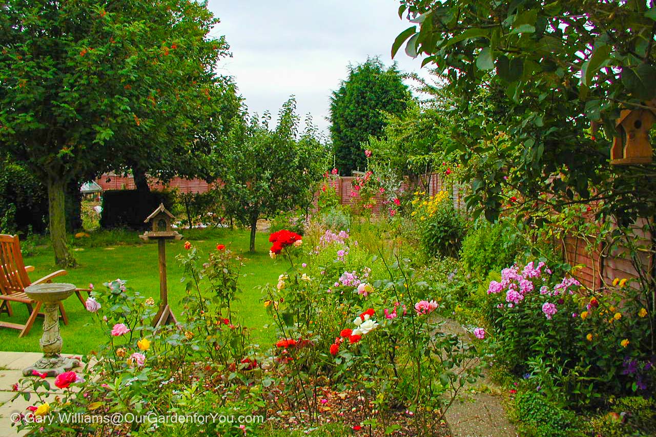 A view across our garden in full bloom, captured in July 2000
