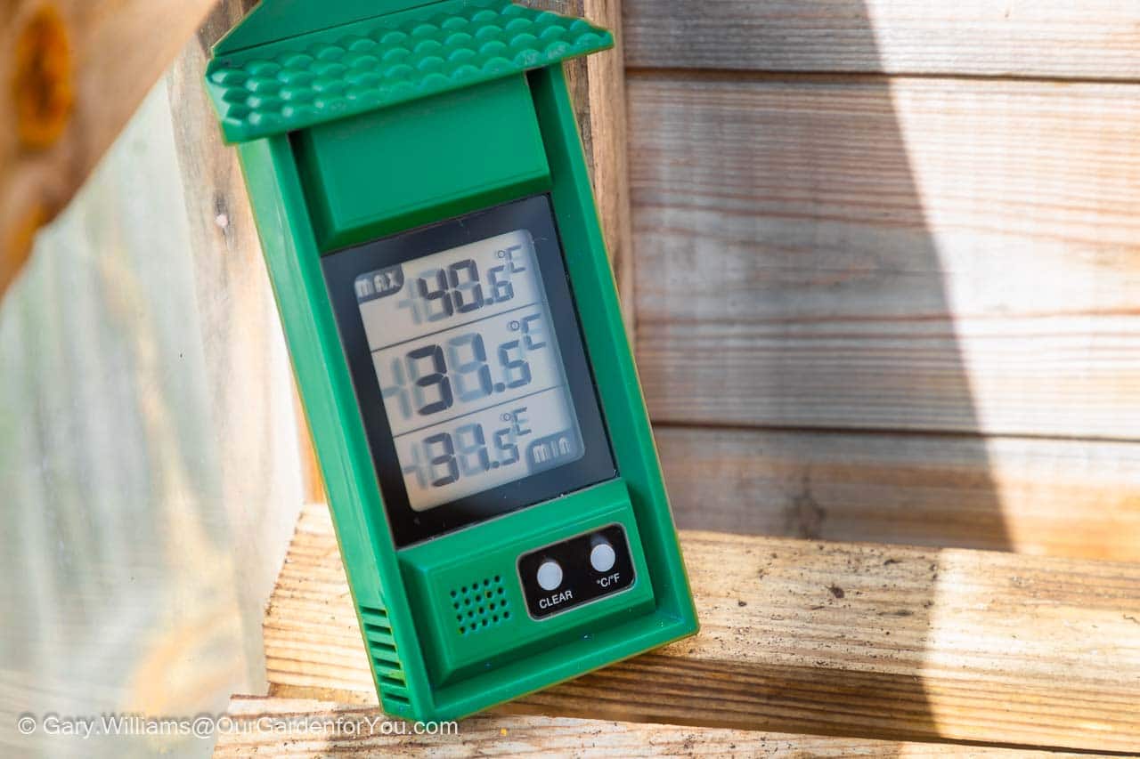 The little green plastic digital thermometer displays the high and low, as well as current, temperature in our cold frame
