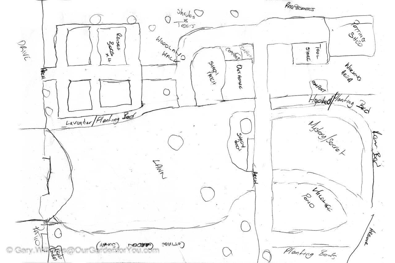 The hand-drawn plan of Our Garden in black and white on an A4 piece of paper