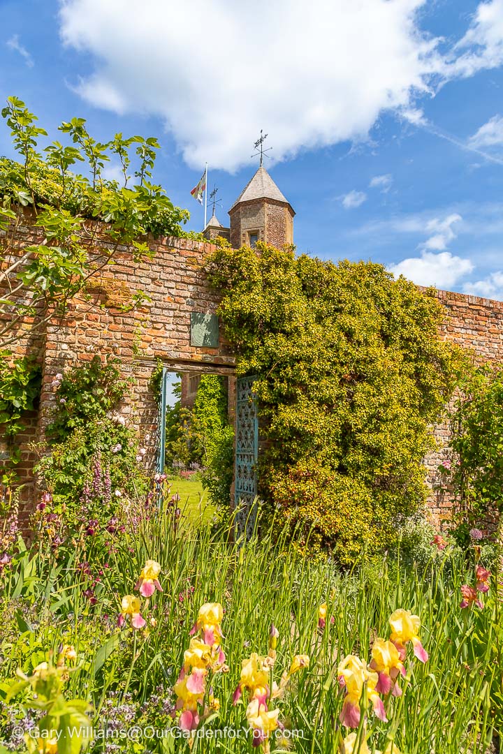 A densely populated bed within the rose garden in front of the gate that leads to the tower of Sissinghurst Castle