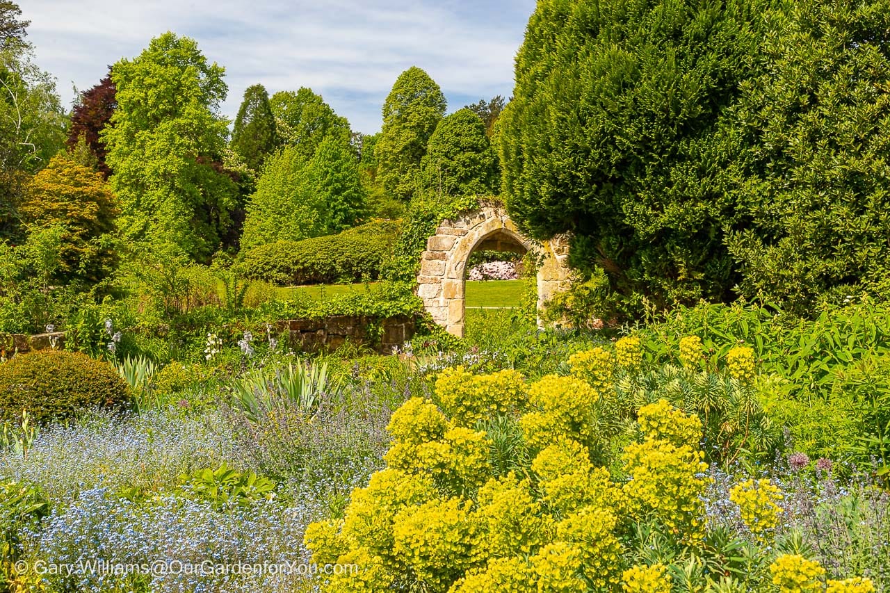 A ruined archway almost engulfed by the planting in the picturesque gardens of Scotney Castle in Kent on a beautiful spring day