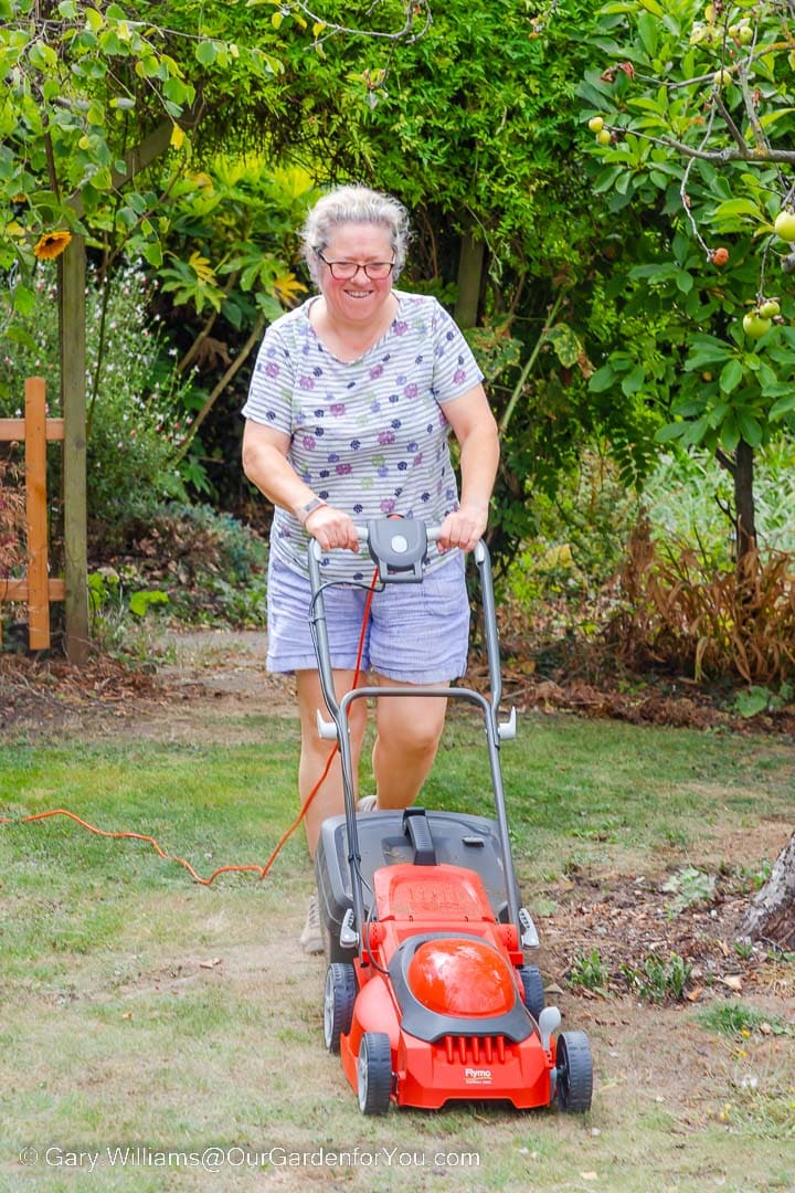 Janis is giving the new flymo lawnmower its first run on our parched lawn
