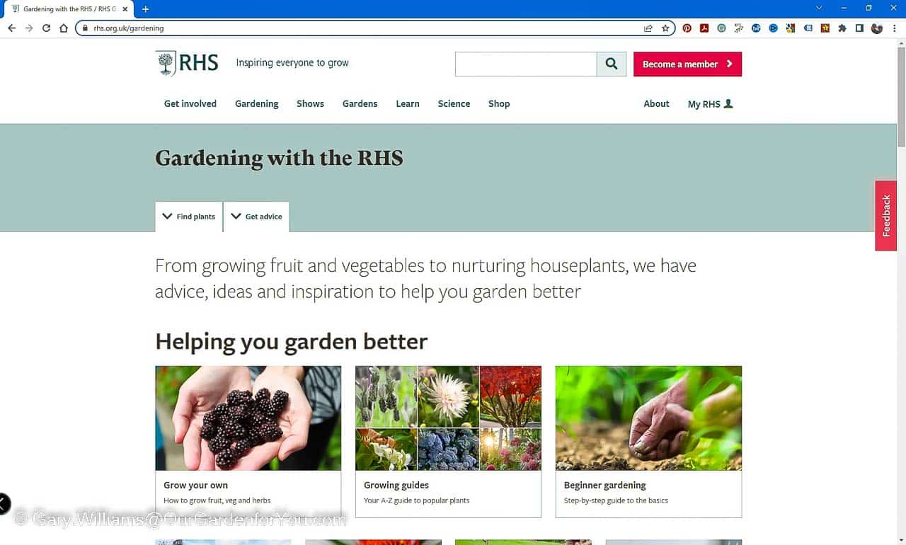 The 'Gardening with the RHS' page of the RHS website that provides a launchpad for further content on planning your garden