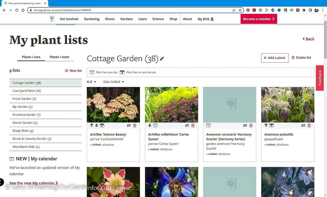 The 'My Plants List' page of the RHS Garden Planner website that splits my plants into the different sections of our garden