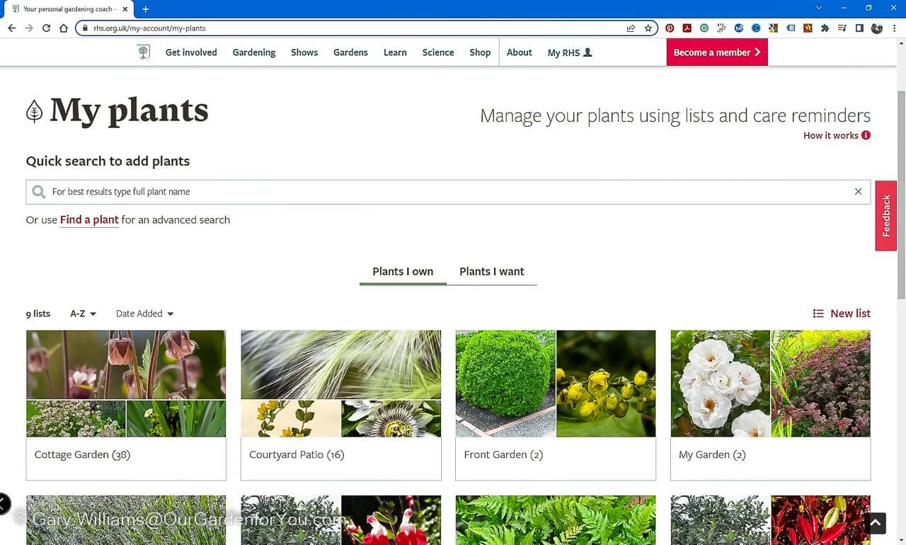 The 'My Plants' page of the RHS Garden Planner website with picture icons of the plants I have selected for our garden