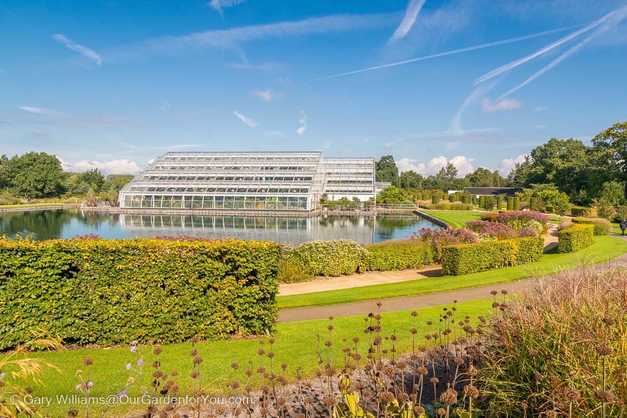 A view of the Glasshouse across the lake from the borders around it.