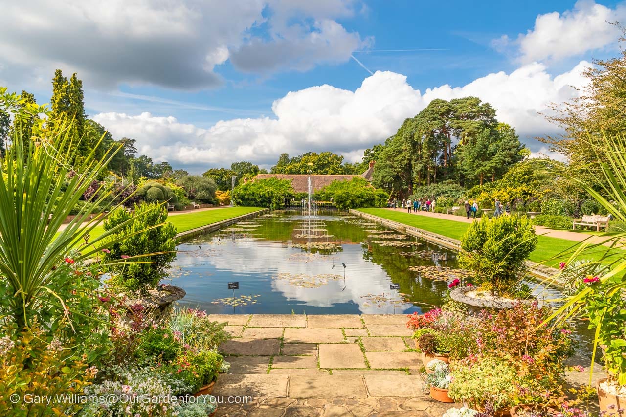 The Jellicoe Canal facing the Water Lily Pavilion from the Arts and Crafts Wisley Laboratory