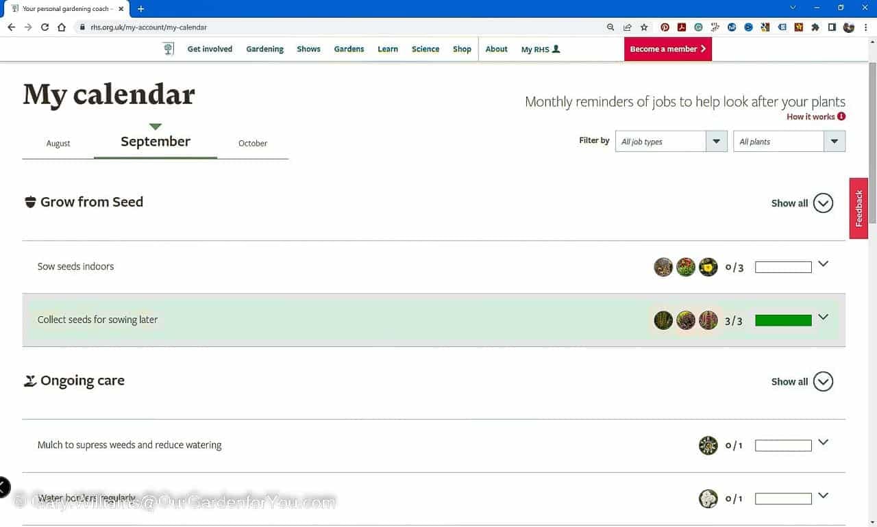 The 'My Calendar' page of the RHS Garden Planner website with a schedule of work required in our garden.