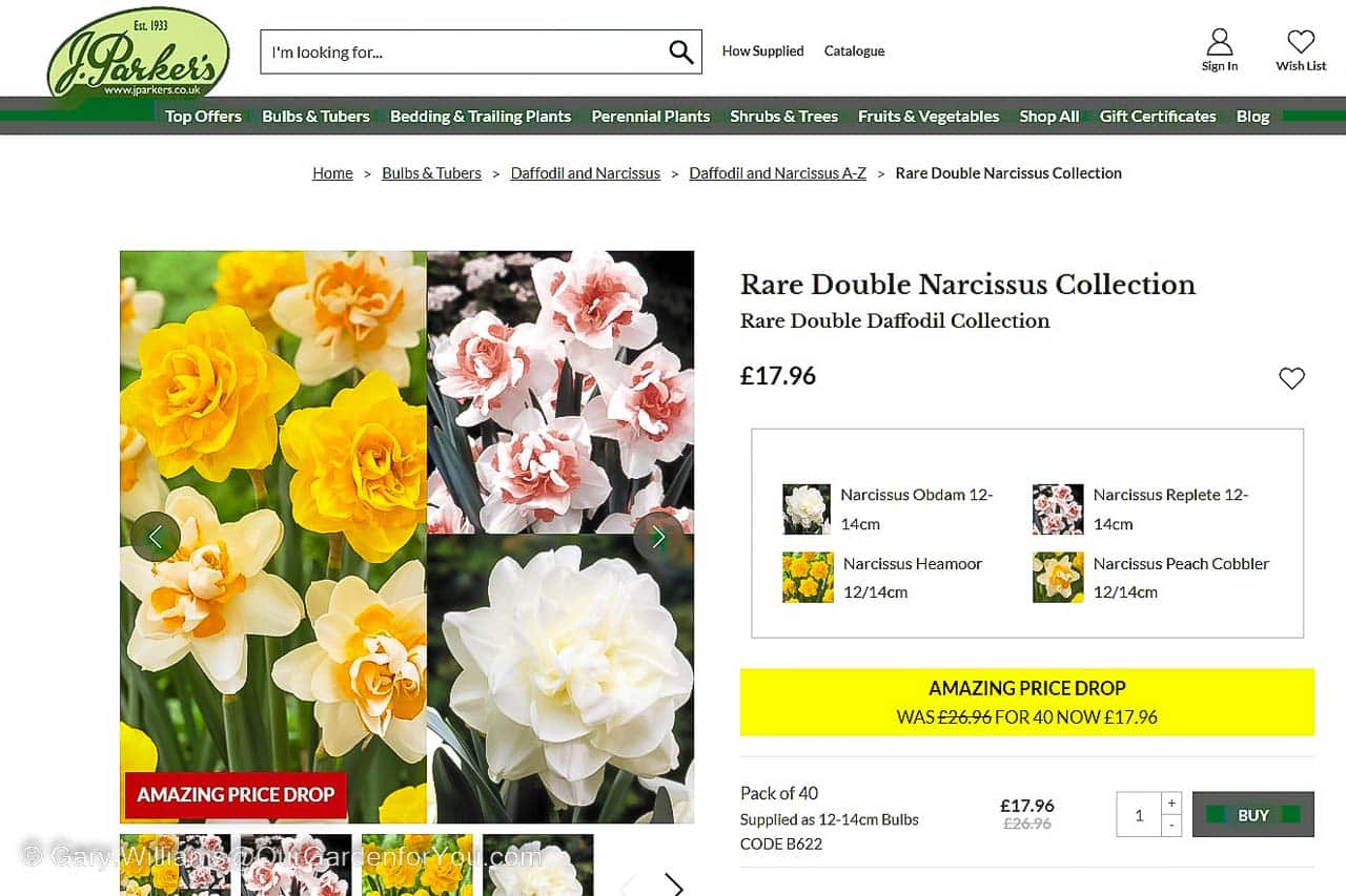 A screenshot from the J parker website offering a selection of spring bulbs
