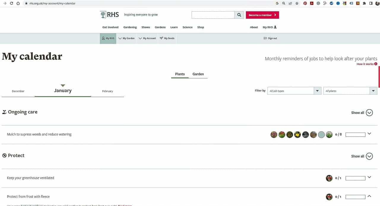 The 'My Calendar' page of the RHS Garden Planner website with a schedule of work required in our garden in January.