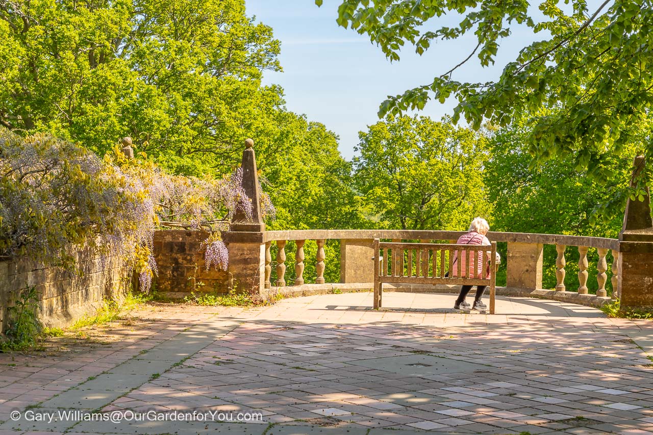 A silver haired lady take a moment on a bench in front of a ornaments lookout point at nymans house and gardens in west sussex