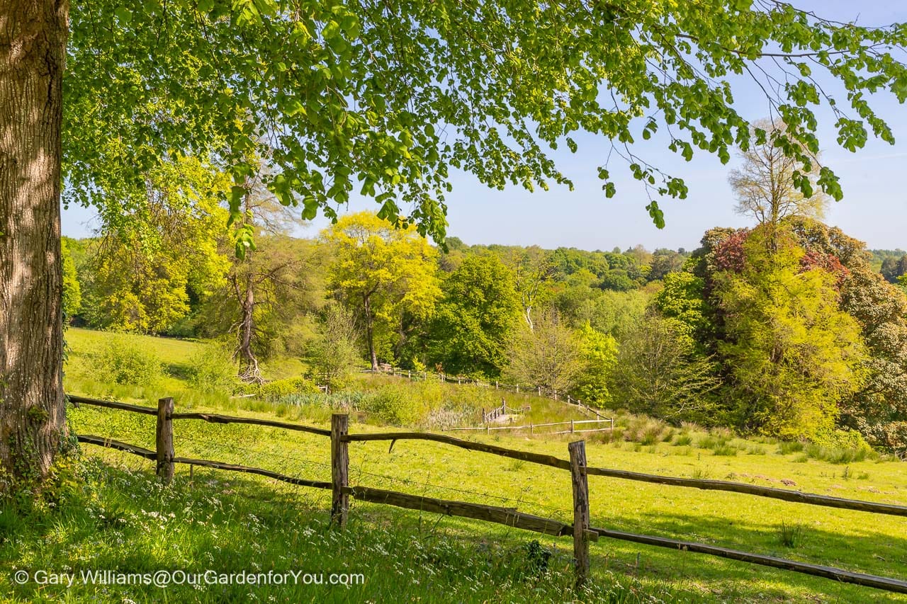 A view of the west sussex countryside from a pathway in the national trusts nymans house and gardens